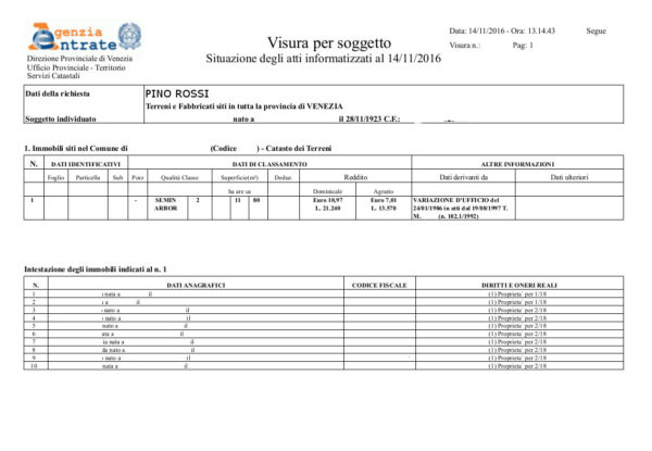 Visura catastale per Soggetto persona Fisica